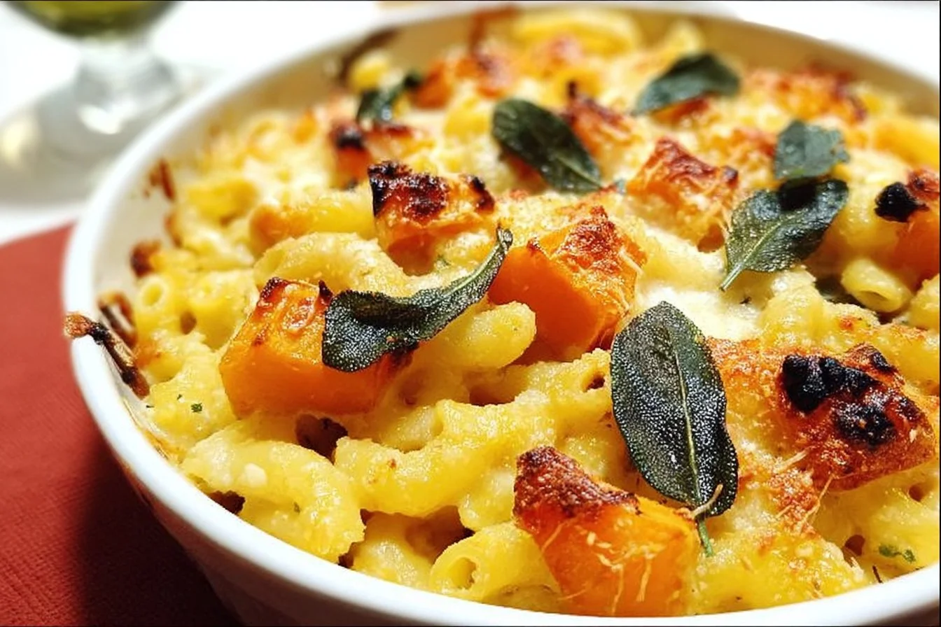 Gratin de pâtes à la courge butternut, mozzarella et sauge, plat réconfortant et savoureux