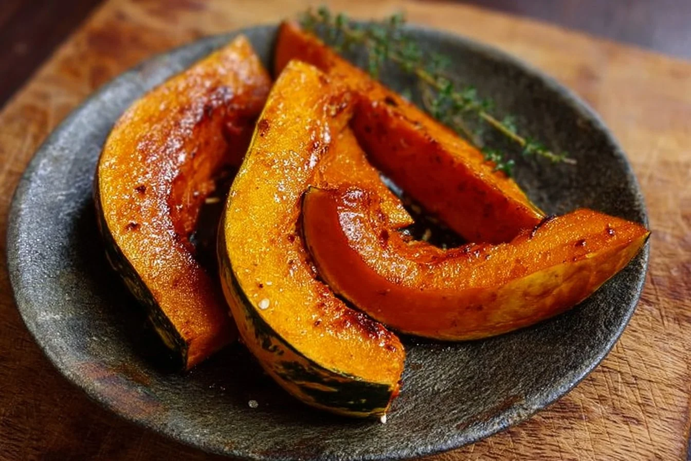 Courge Kuri rôtie avec épices et orange, plat savoureux et coloré.