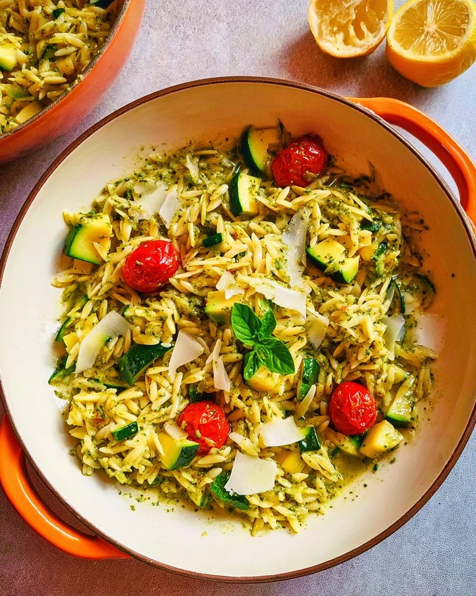 Plat d'orzo à la citronnelle avec pesto et courgettes, couleur fraîche et appétissante.
