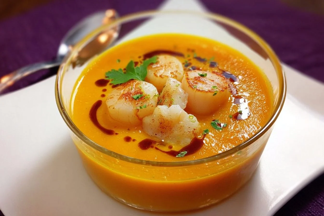 Soupe de potiron avec des pétoncles et de l'huile de truffe, élégante et savoureuse.