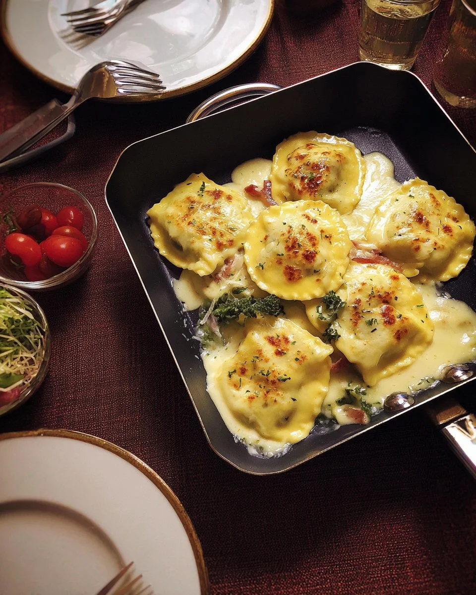 Raclette de raviolis à la crème servie dans un plat chaud et délicieux