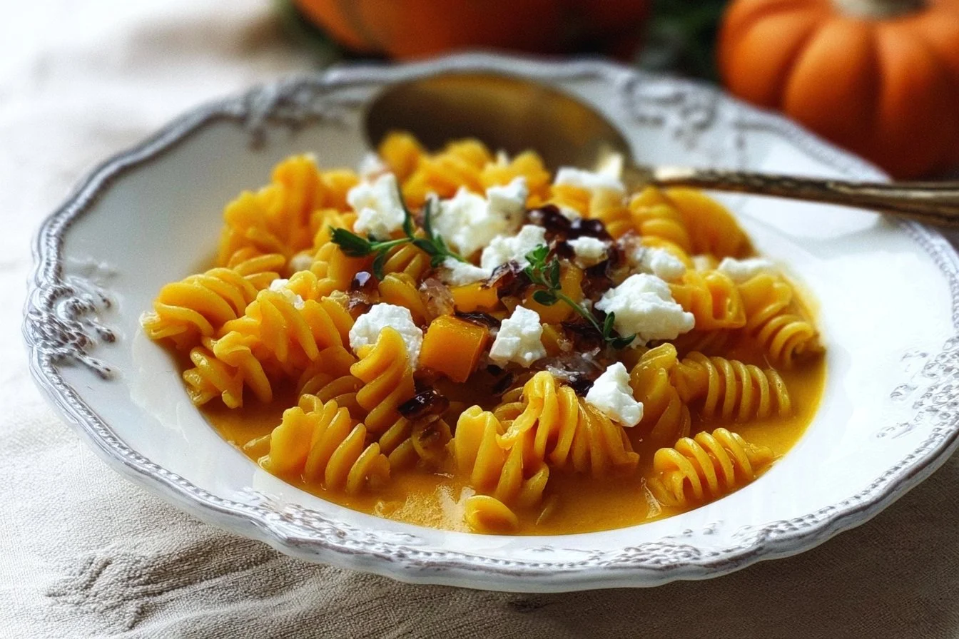 Radiatori à la crème de citrouille et fromage de chèvre, un plat délicieux et réconfortant.