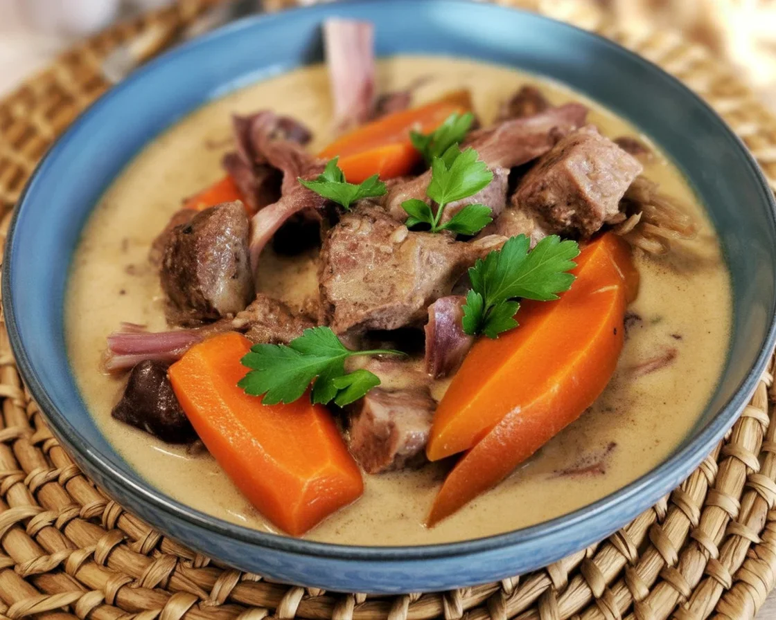 Blanquette de veau onctueuse avec sauce crémeuse et morceaux de viande tendre