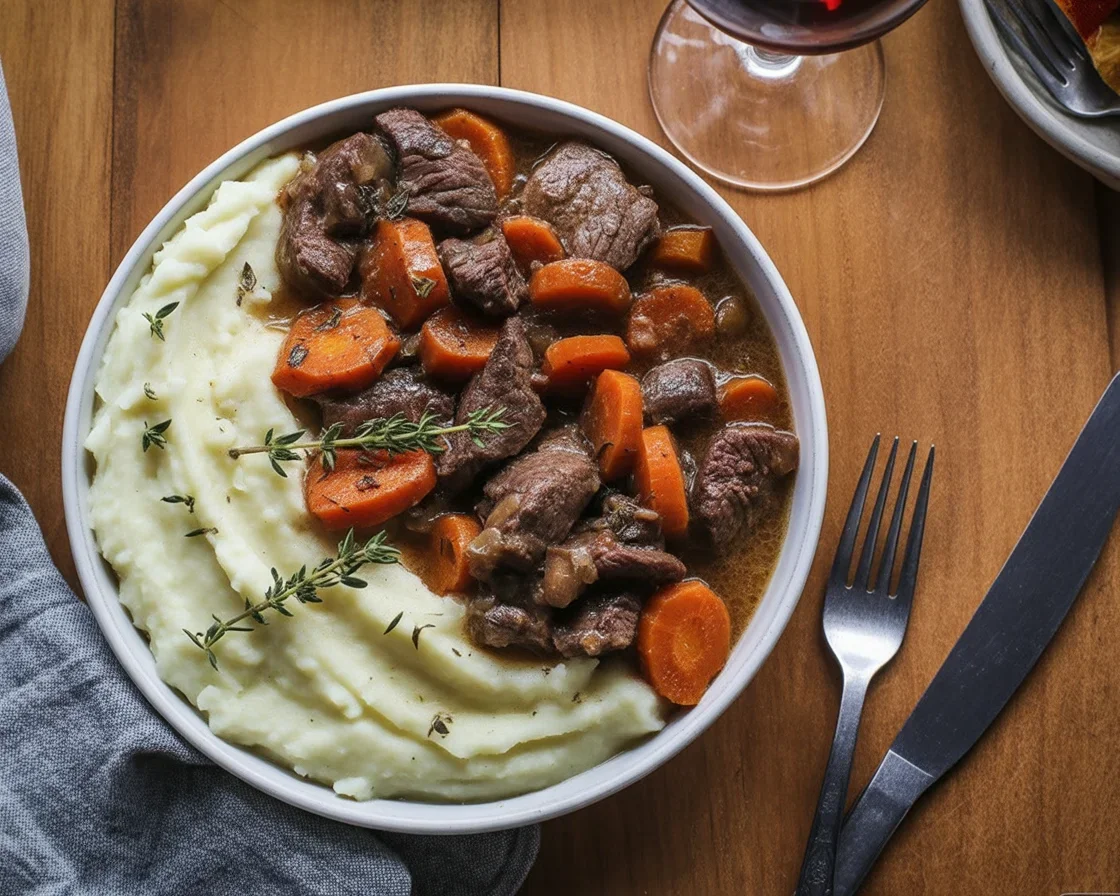 Recette de bœuf bourguignon à la mijoteuse avec viande juteuse et sauce savoureuse.