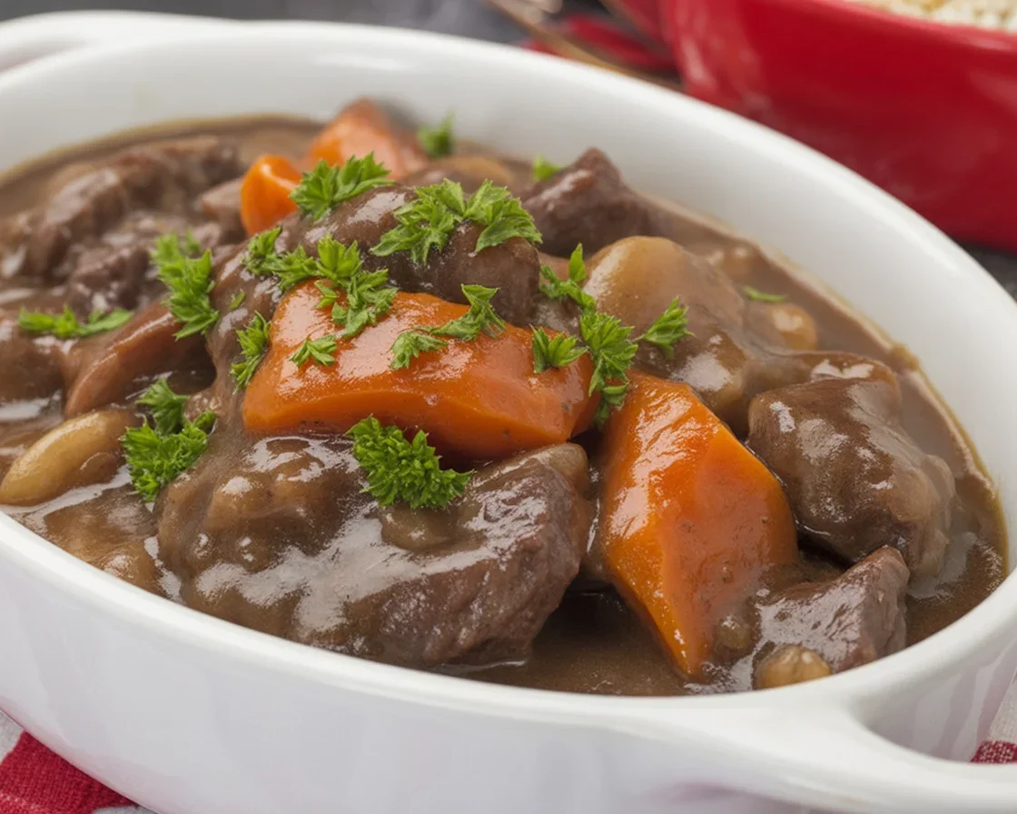 Plat traditionnel de daube provençale, ragoût de boeuf mariné avec légumes et vin rouge.