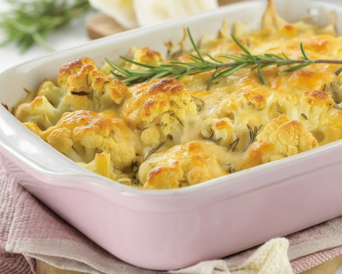 Gratin de chou-fleur garni de fromage et de béchamel dans un plat à gratin.