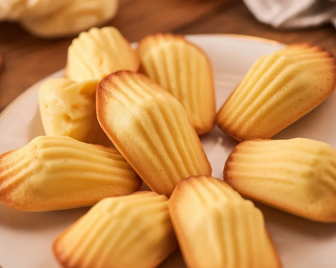 Recette de madeleines moelleuses au beurre avec ingrédients et étapes de préparation.