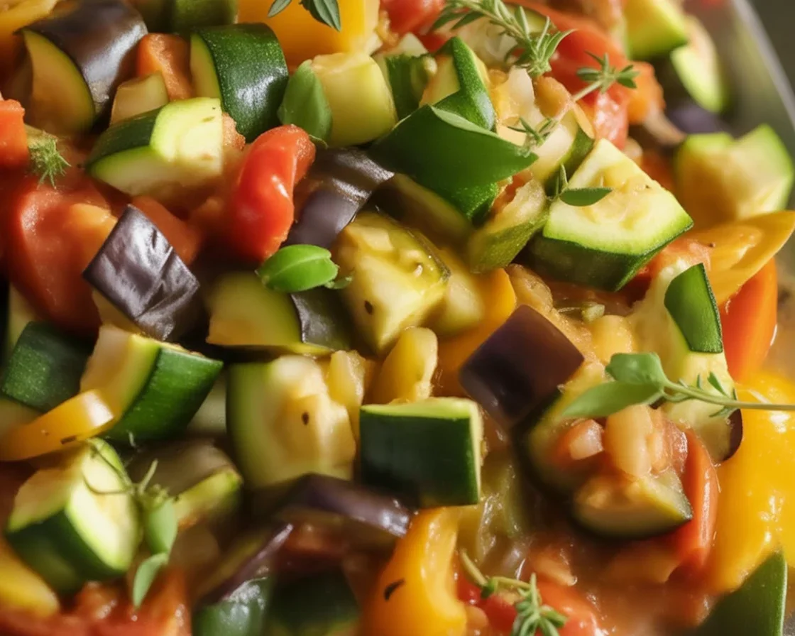 Recette de ratatouille végétarienne avec légumes frais et huile d'olive.