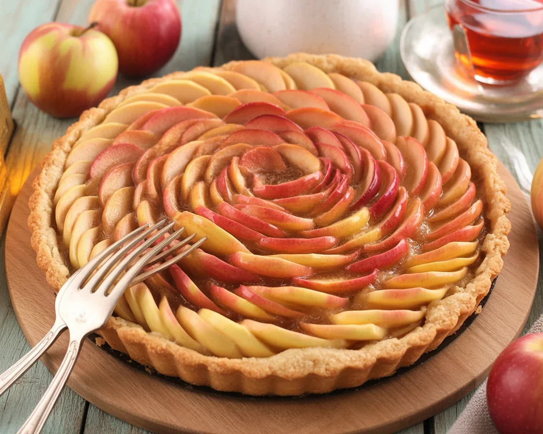 Recette de tarte aux pommes alsacienne avec des pommes en rosaces sur une pâte brisée.