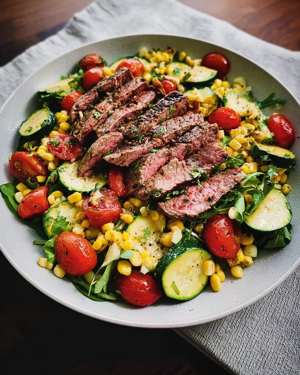 Salade de boeuf grillé avec courgettes et maïs, un délice estival