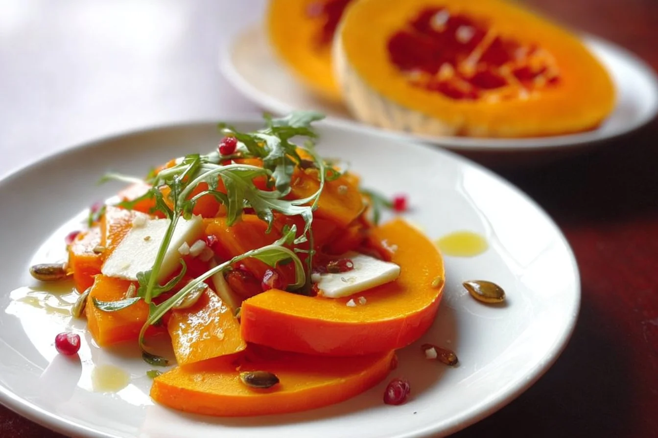 Salade de courge Kuri rouge avec Comté et clémentine, plat savoureux et coloré