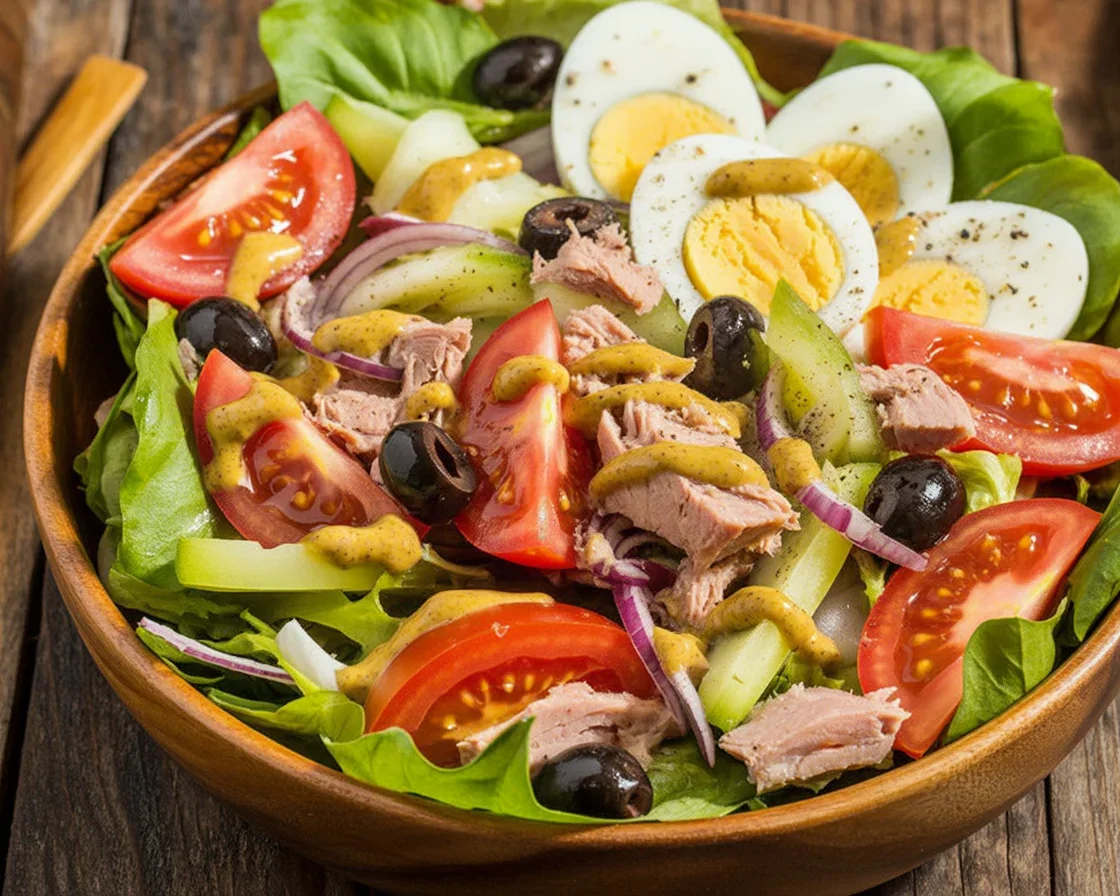 Recette salade niçoise légère avec thon, légumes, et vinaigrette maison.