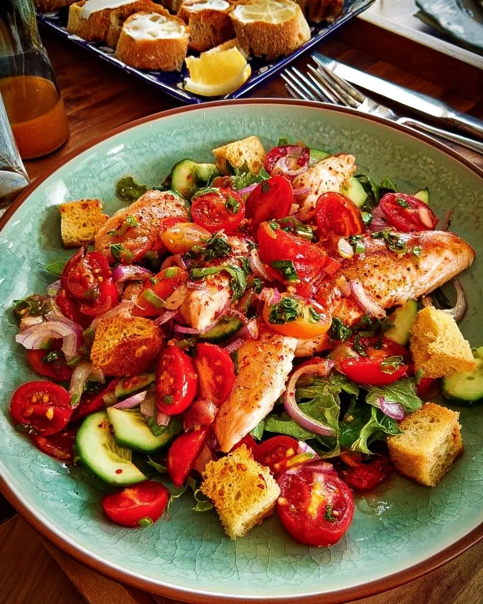 Salade Panzanella avec poisson rouge en plaque, plat coloré et frais