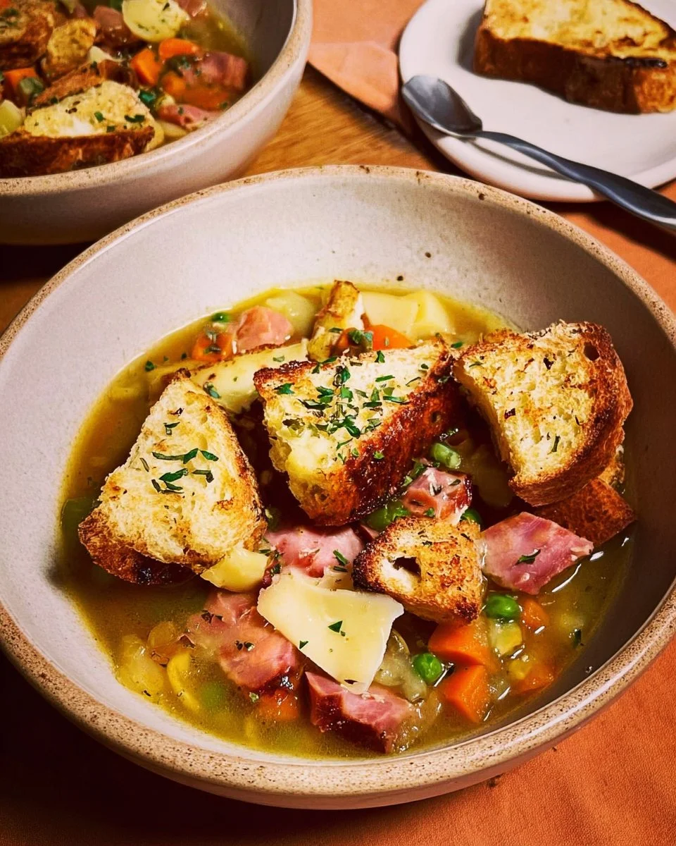 Soupe aux légumes et au jambon avec croûtons à la raclette, plat réconfortant