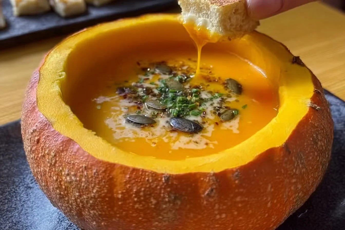 Velouté d'Automne crémeux servi dans un potimarron, plat réconfortant et savoureux