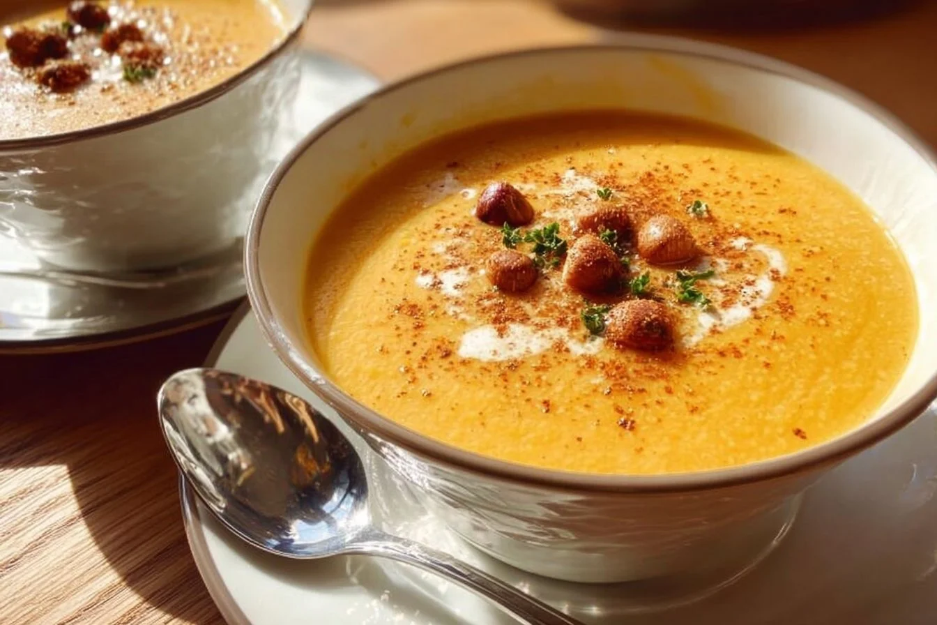 Velouté de potimarron à la châtaigne dans un bol, garnie de noisettes.