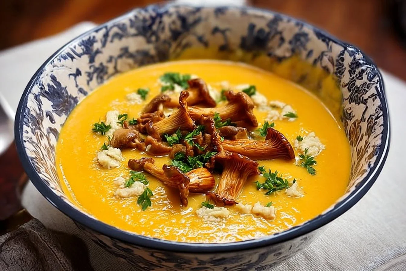 Bol de velouté de potimarron décoré de cèpes sautés