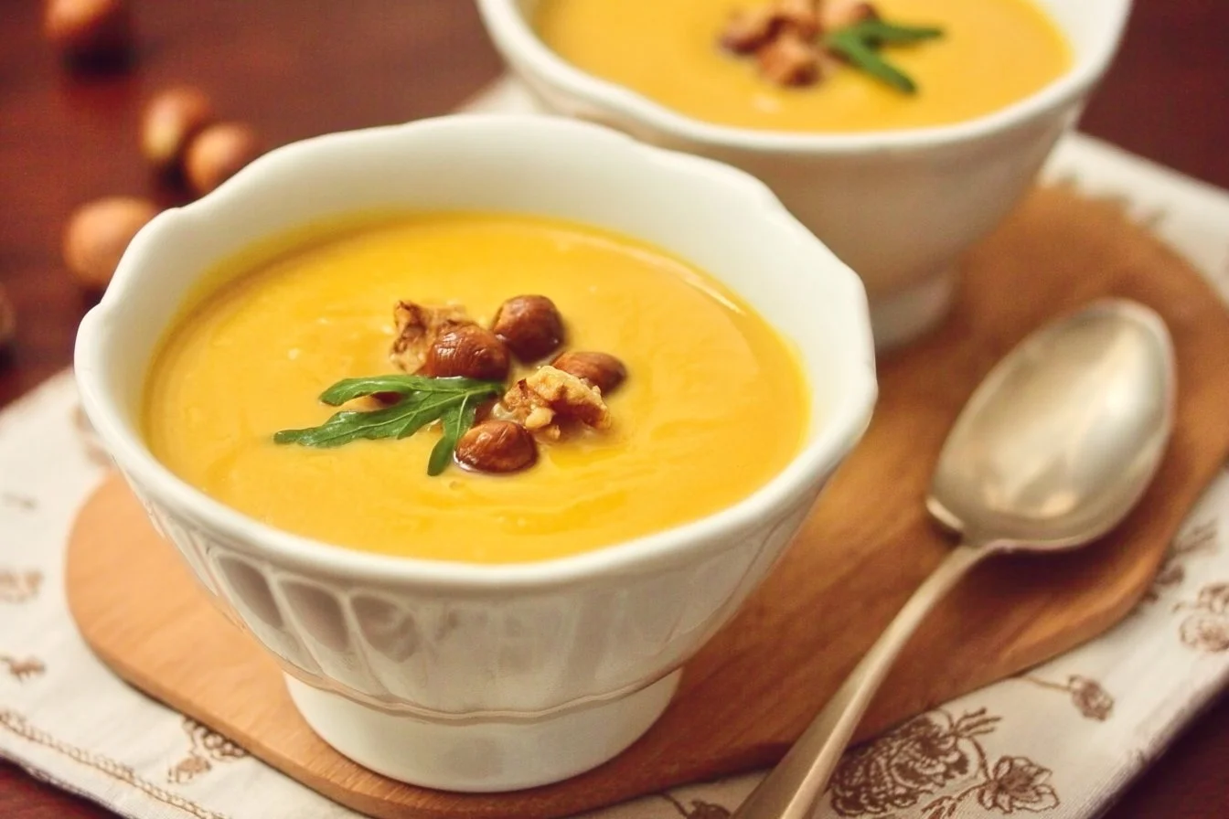 Bol de Velouté de Potimarron avec châtaignes, garniture crémeuse et herbes fraîches