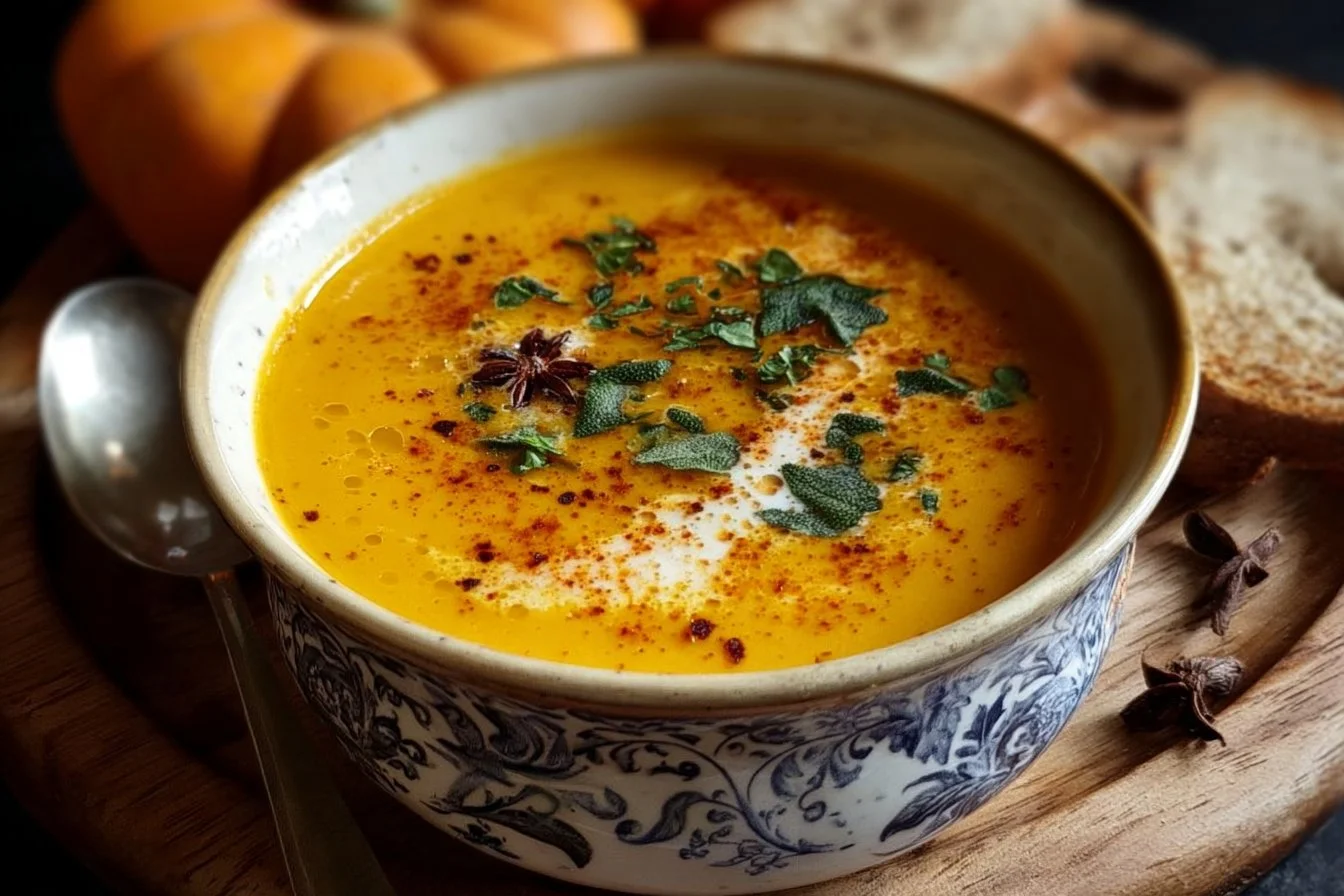 Bol de velouté potiron aux épices avec décorations