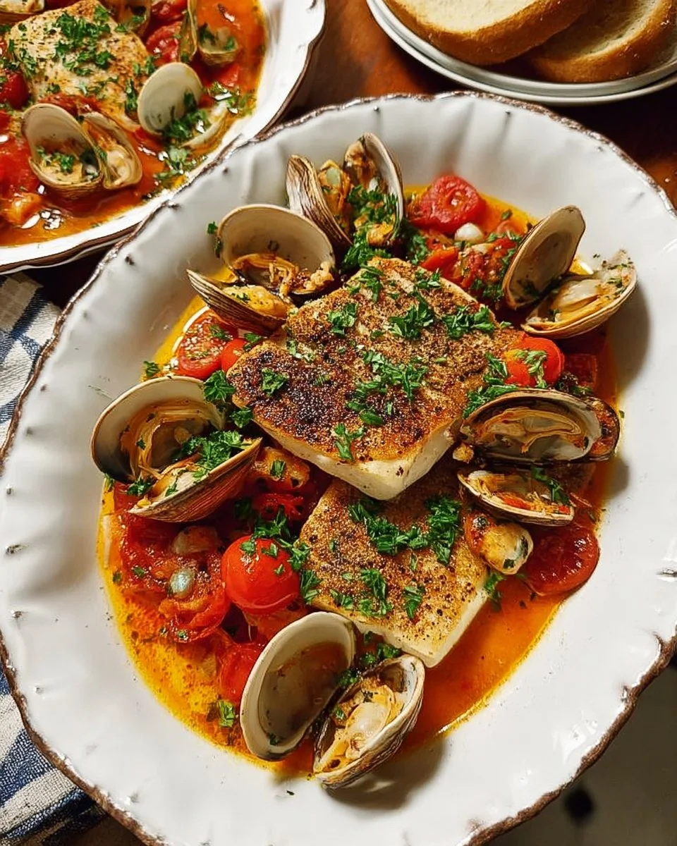 Plat de walleye et palourdes à la sicilienne, un délice culinaire.