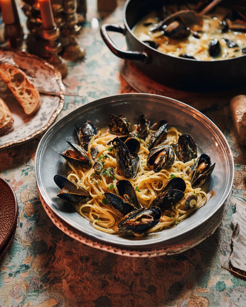 Pasta with onion fondue and mussels