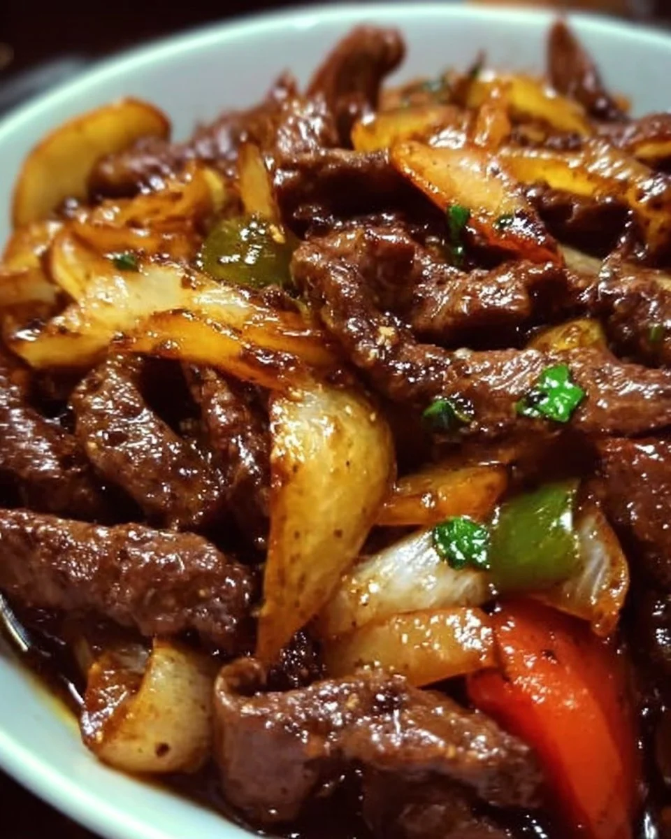 Plat de Bœuf Sauté aux Oignons servi avec des légumes frais