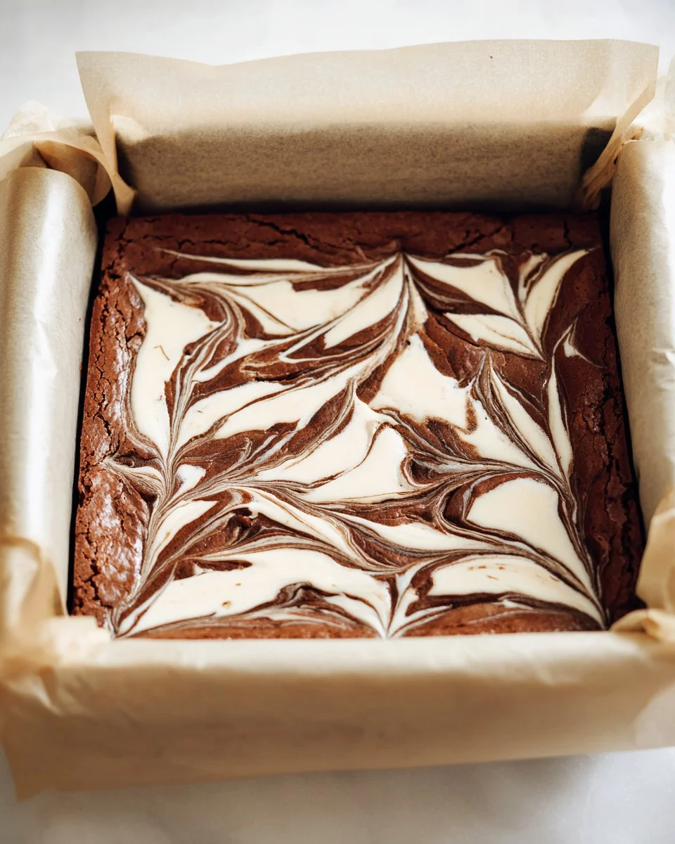 Brownies au fromage à la crème marbrés dans un plat, prêts à être dégustés.