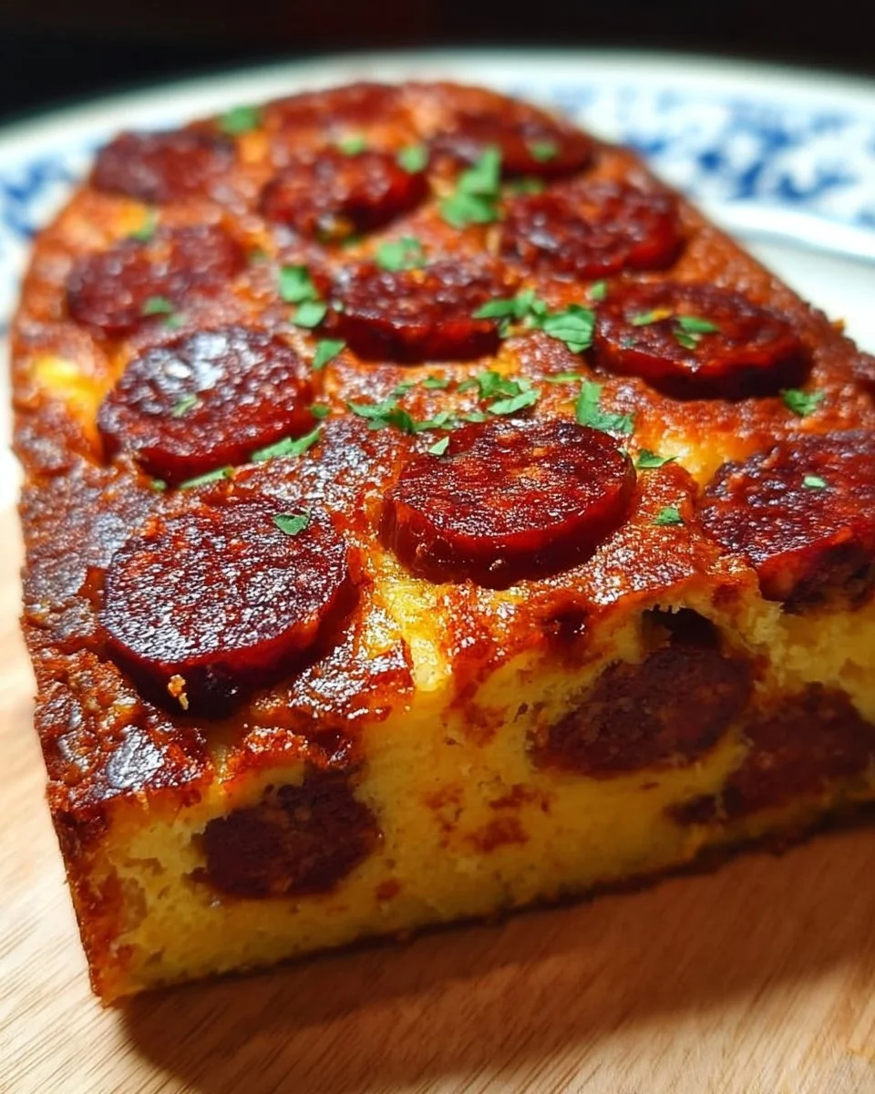 Un délicieux cake au chorizo coupé en tranches sur une planche en bois.