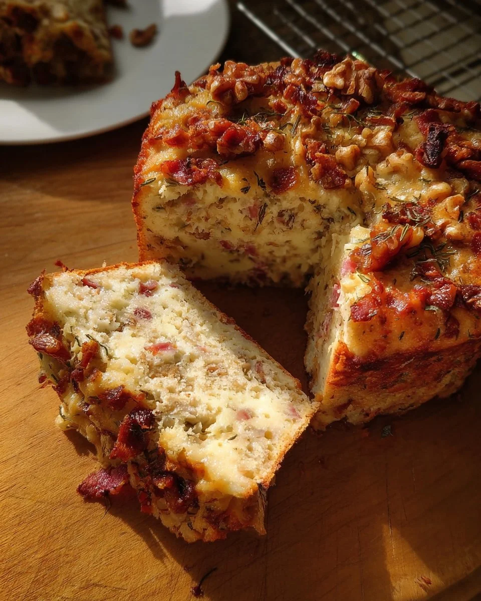 Cake aux noix avec bleu et lardons, prêt à être dégusté