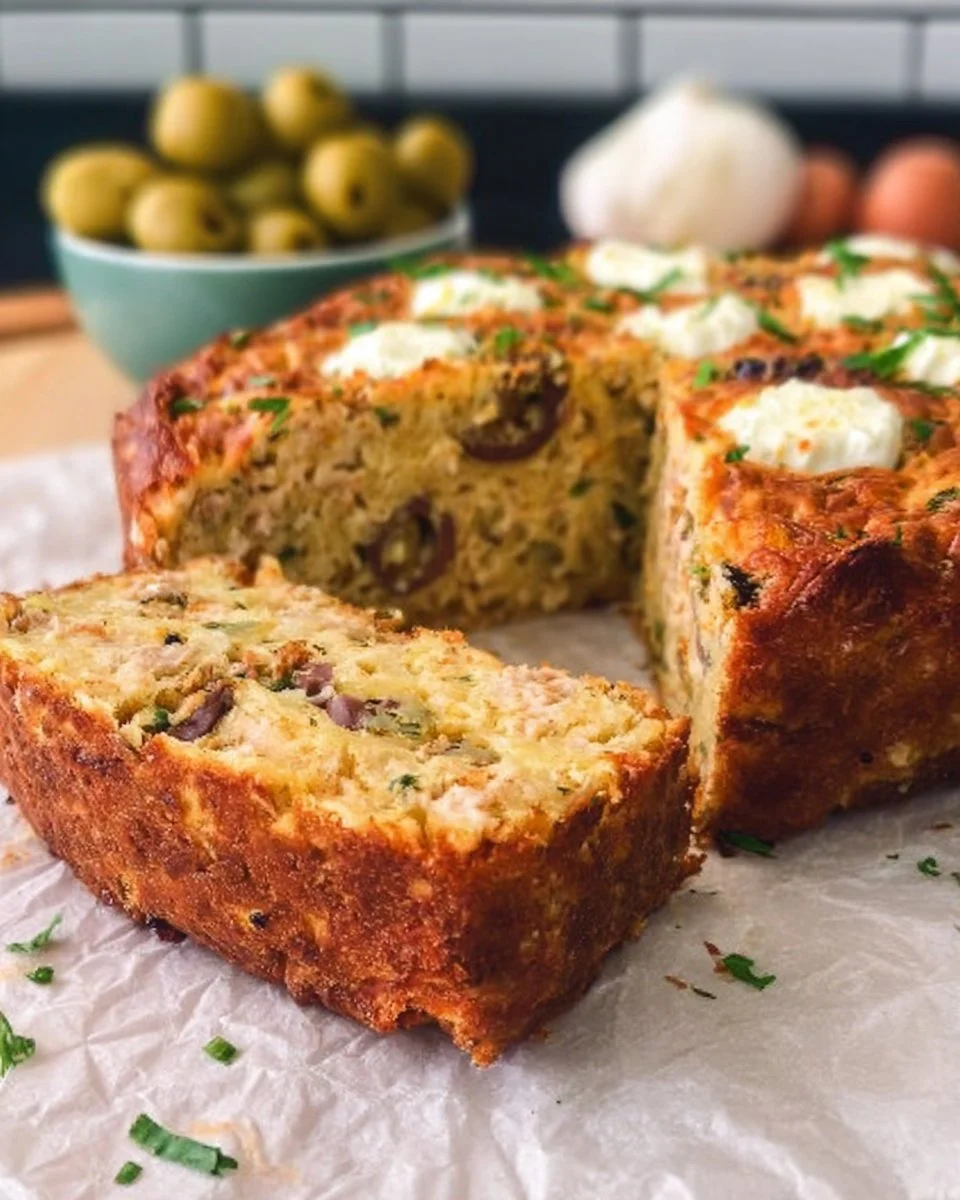 Recette de cake salé au thon, feta et olives, apéritif savoureux et facile à préparer.
