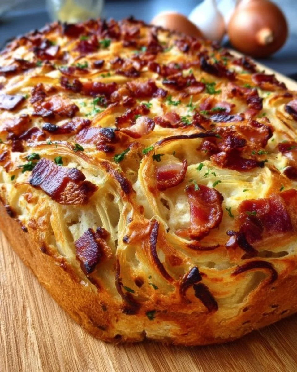 Cake salé aux oignons et aux lardons, savoureux et moelleux, parfait pour vos repas.
