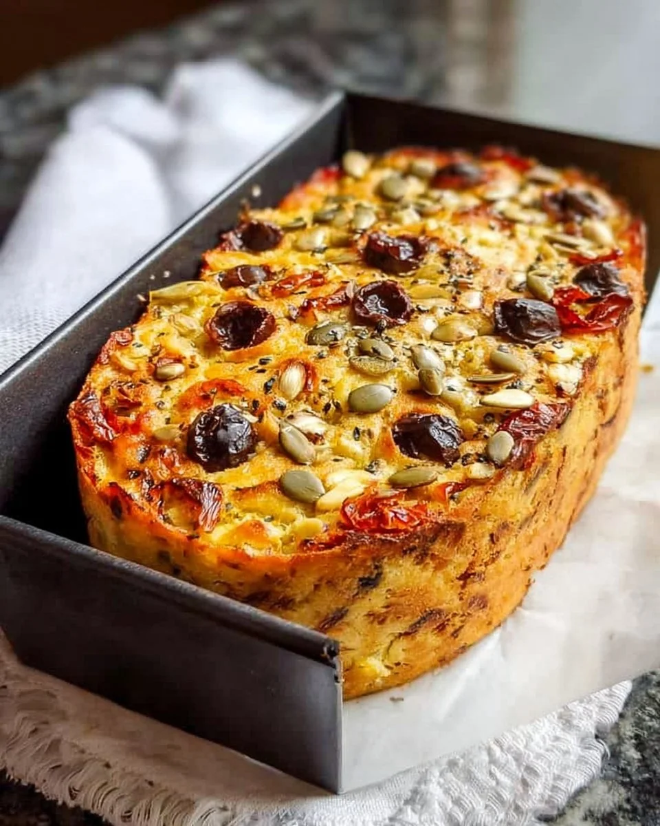 Cake salé aux olives et tomates séchées sur un plateau