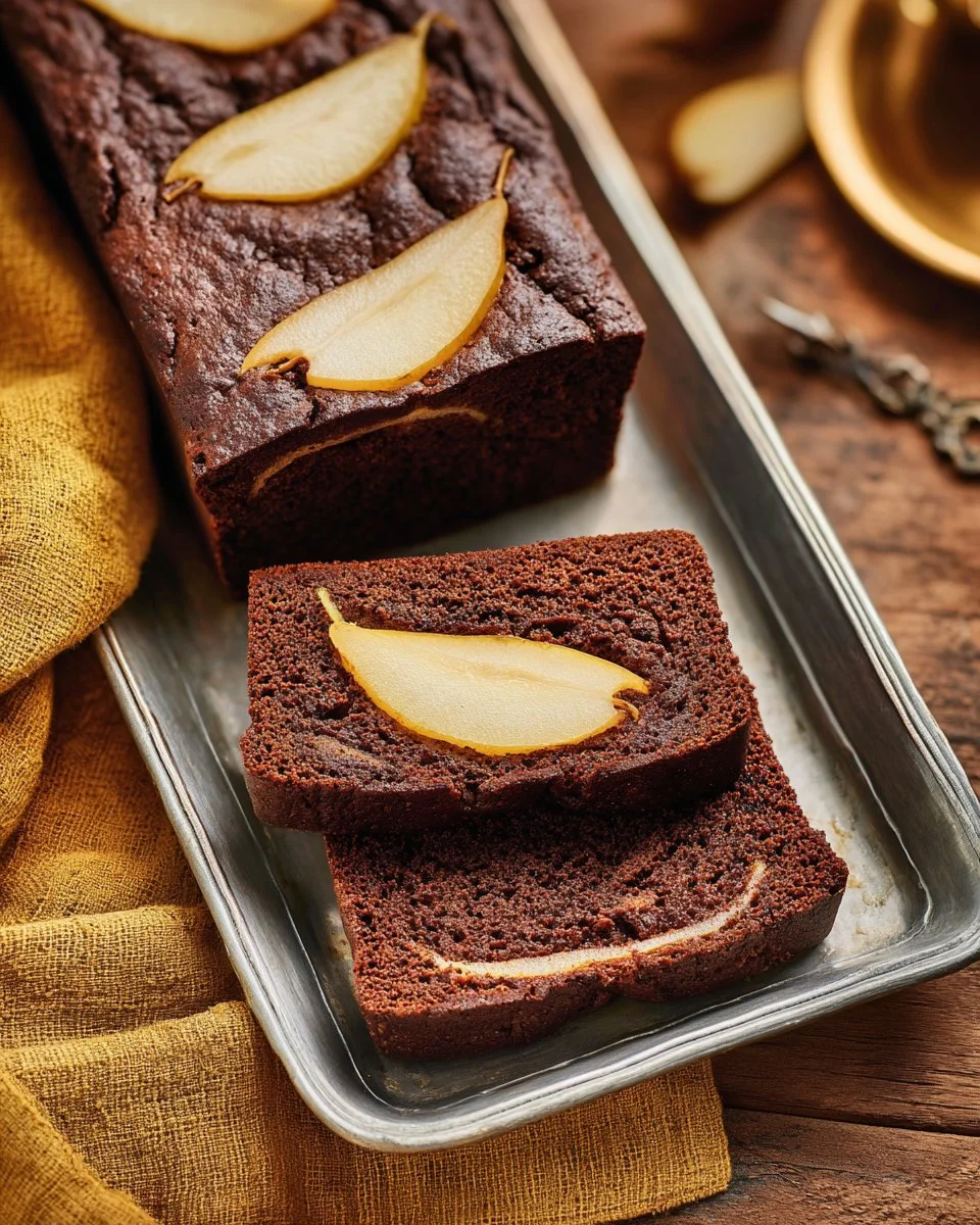 Gâteau au chocolat et à la poire décoré avec des tranches de poire sur le dessus
