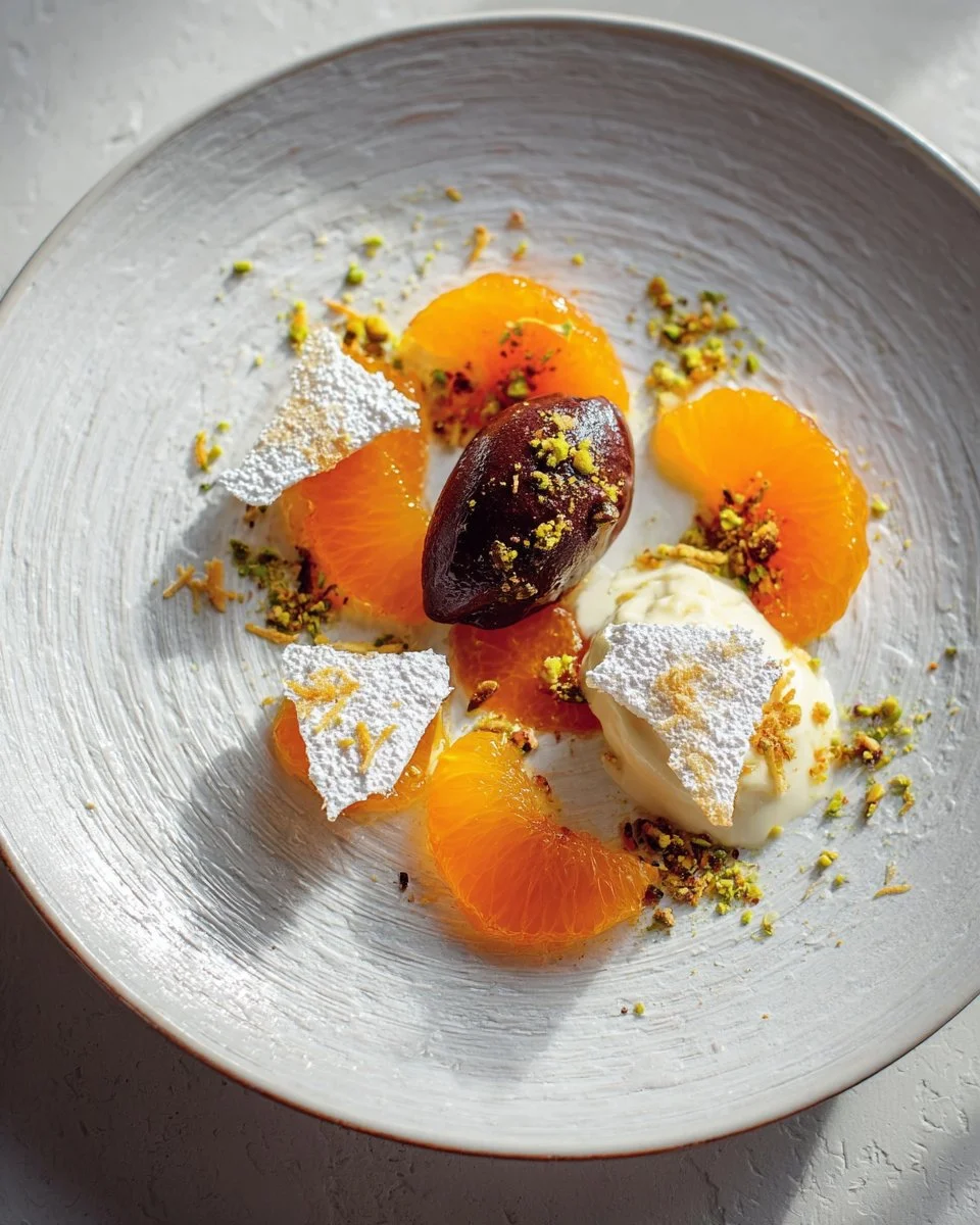 Dacquoise aux pistaches avec ganache à la cardamome et sirop à l'orange