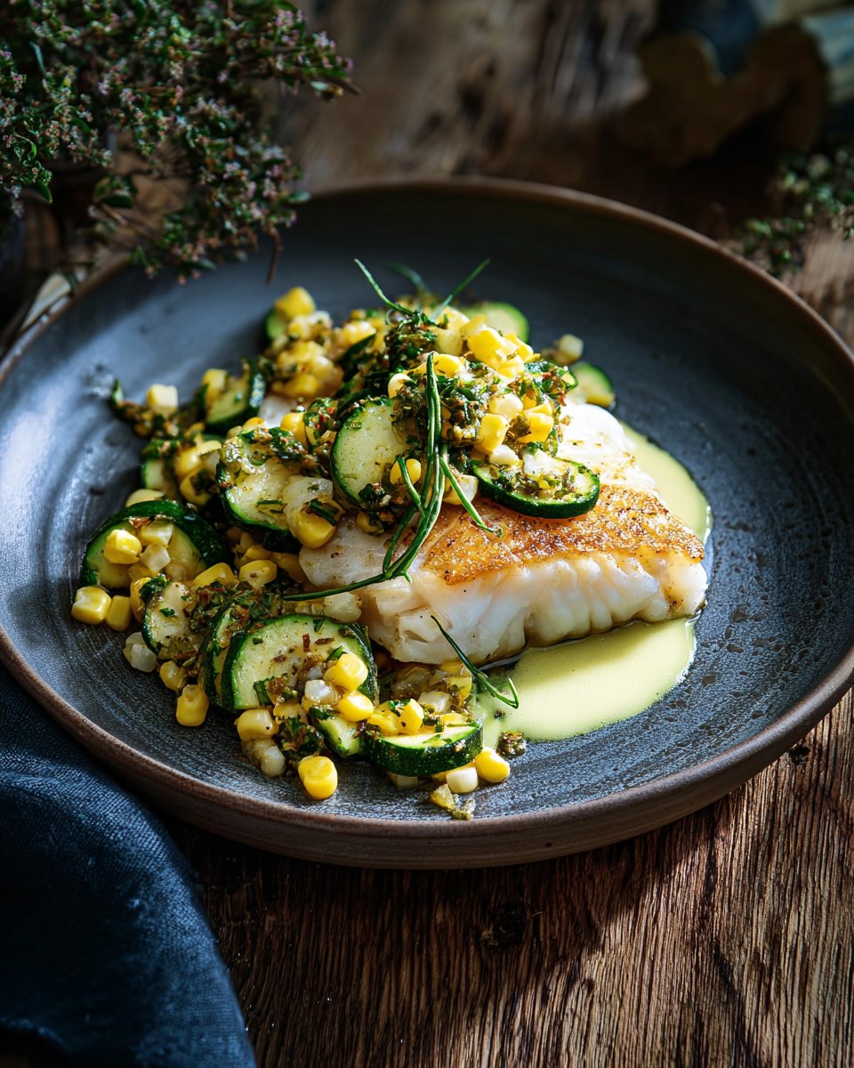 Turbot, corn milk and zucchini gremolata