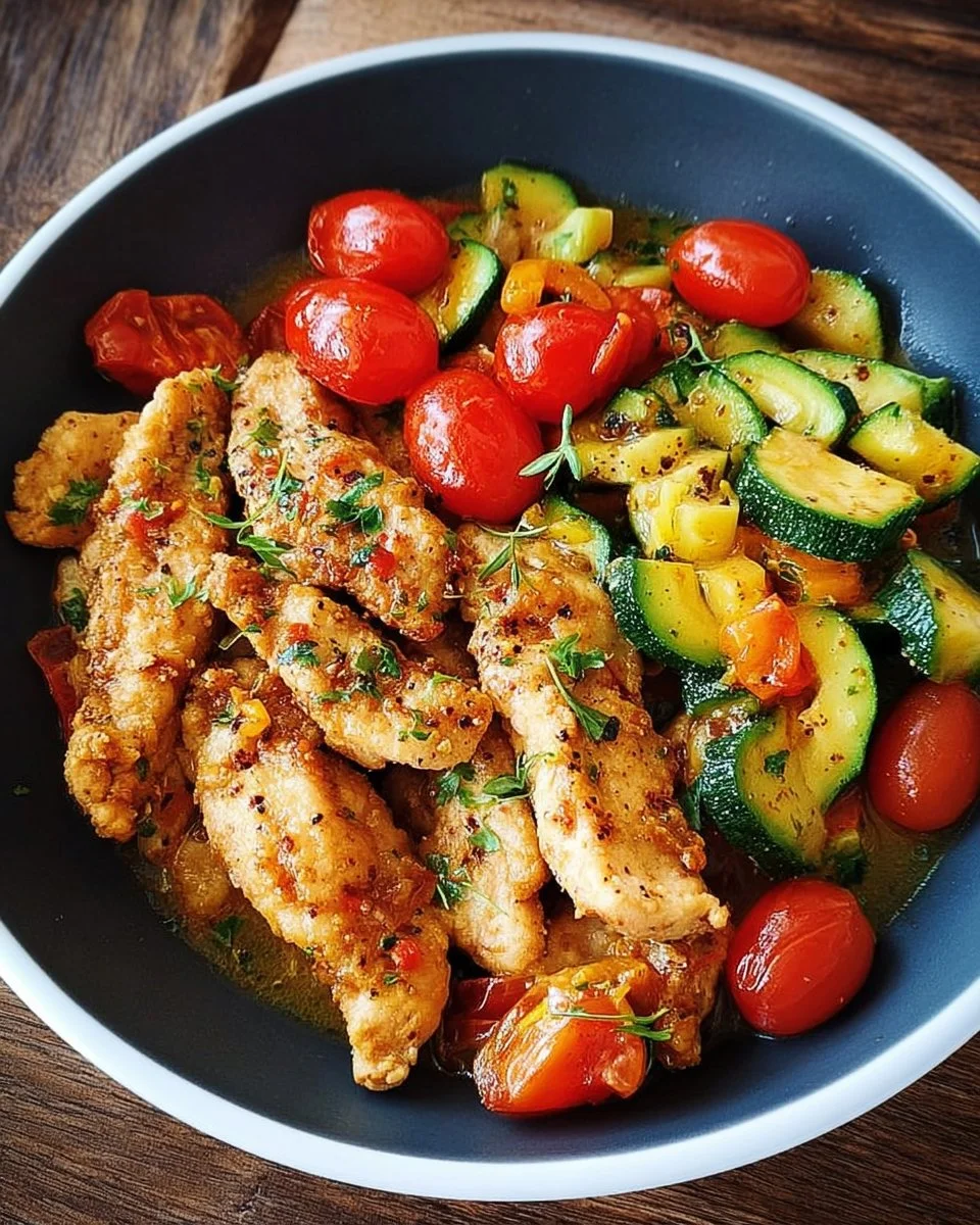 Émincé de poulet aux courgettes et tomates cerises, plat savoureux et coloré.