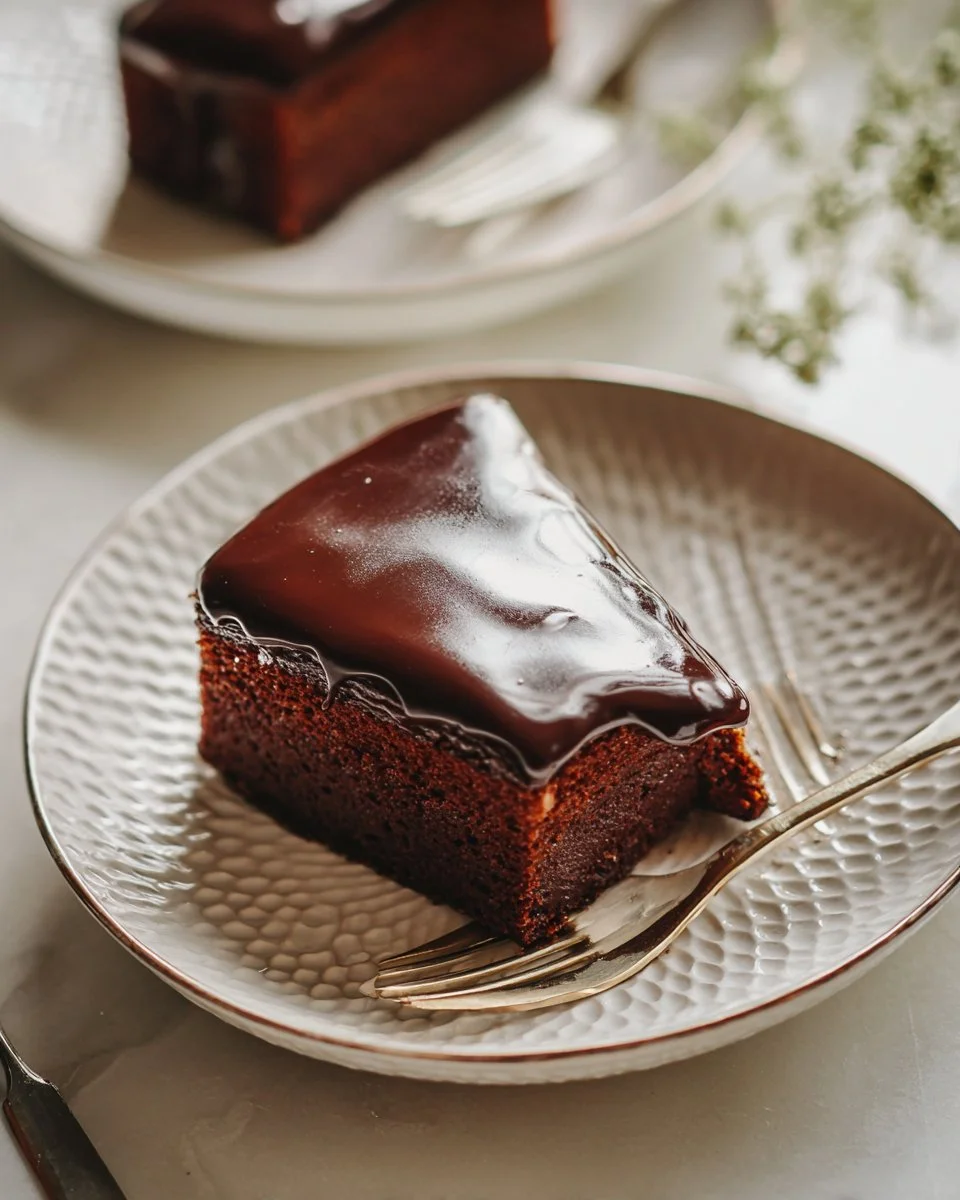 Gâteau au chocolat avec ganache au thé sur un plat décoratif