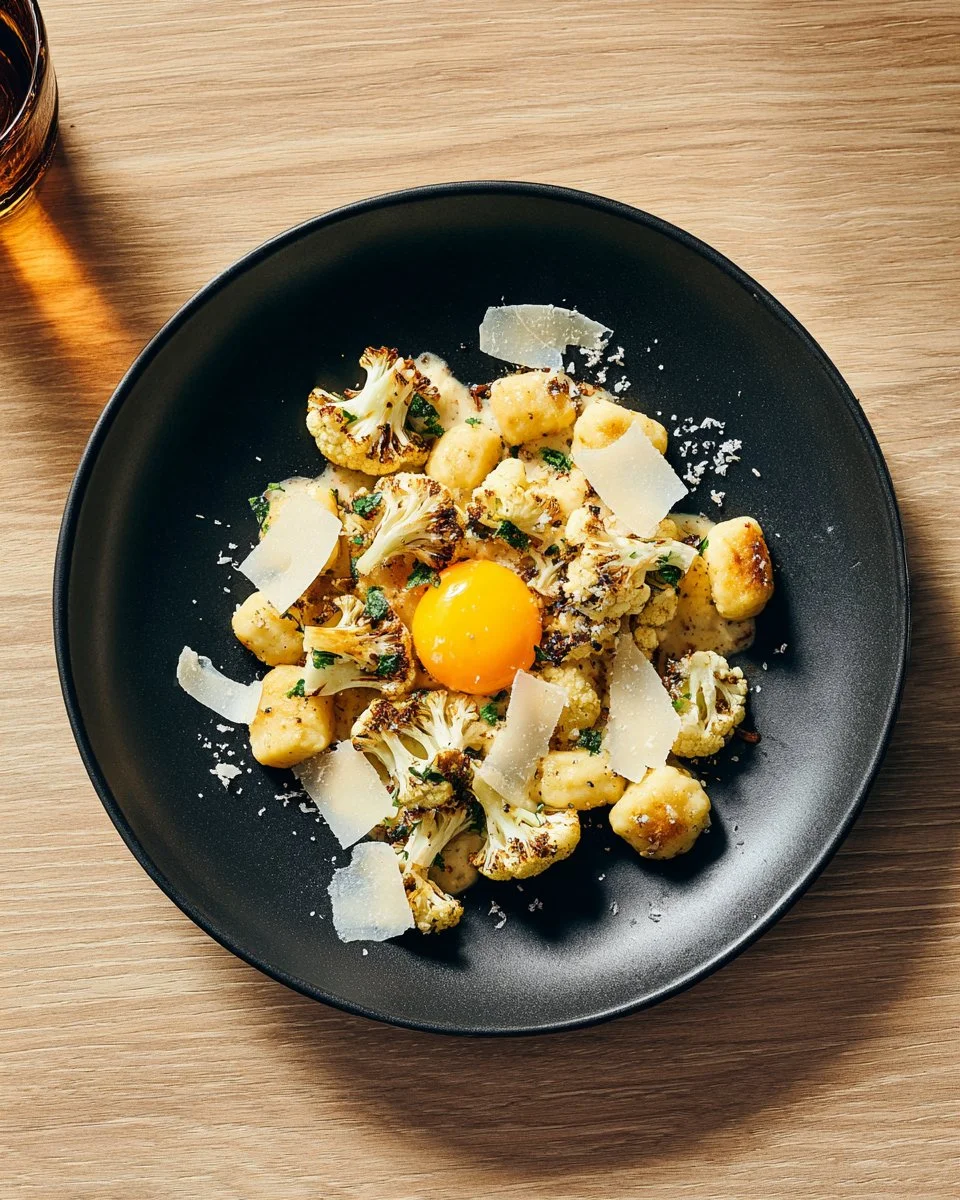 Gnocchis au chou-fleur caramélisé présentés dans un plat élégant