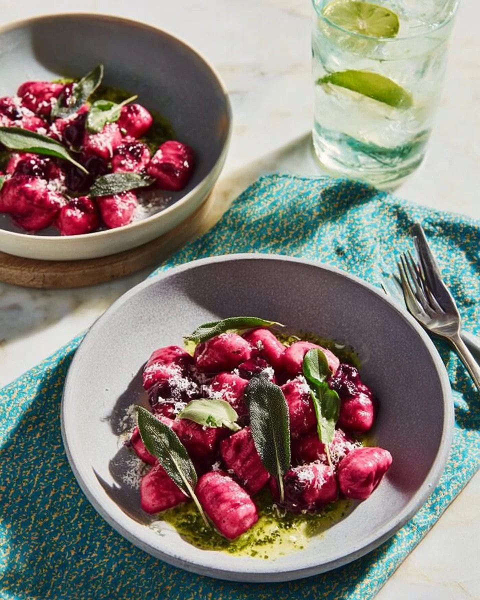 Gnocchis de betteraves servis avec pesto aux herbes de Fanny Lehouiller
