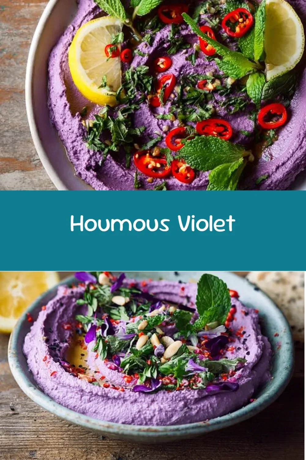 Bol de houmous violet garni d'herbes et d'épices, prêt à être dégusté.