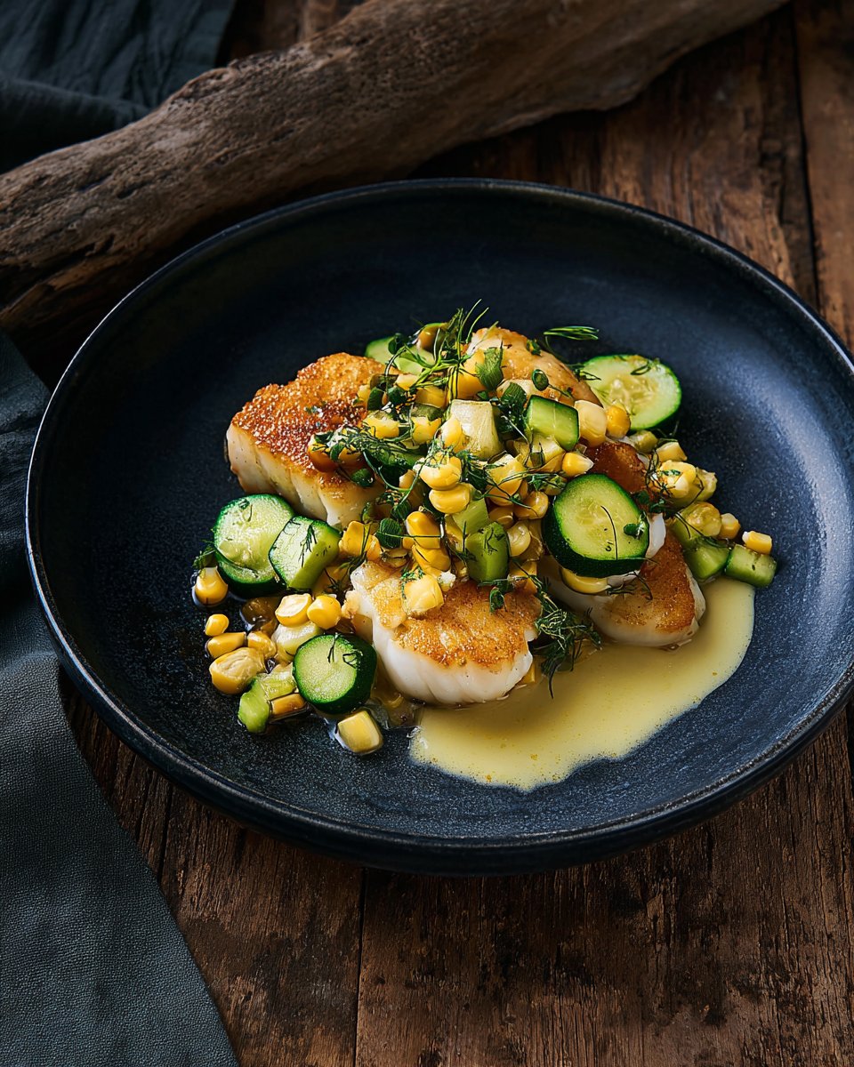 Turbot, corn milk and zucchini gremolata