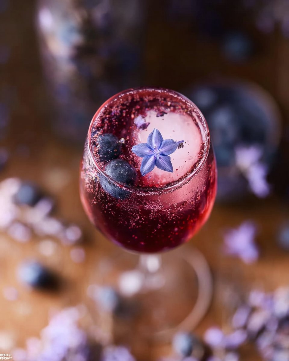 Cocktail au Crémant d’Alsace, liqueur de violette et myrtilles