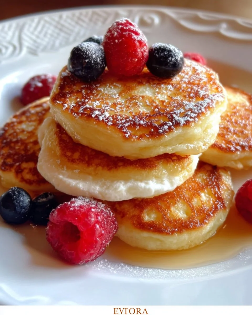 Pancakes au yaourt moelleux et dorés, servies avec des fruits frais.