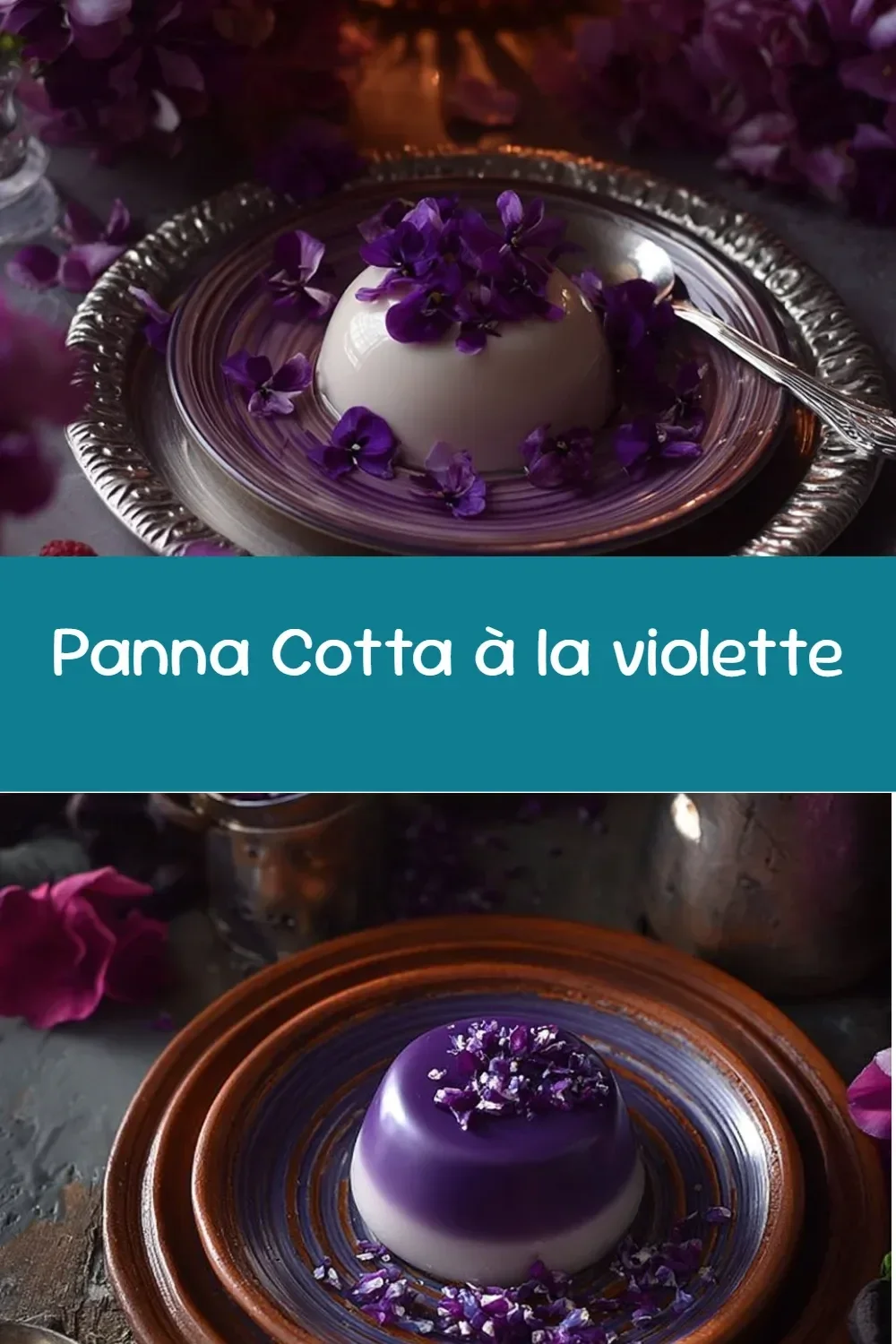 Panna Cotta à la violette garnie de fleurs comestibles et servie dans un verre élégant.