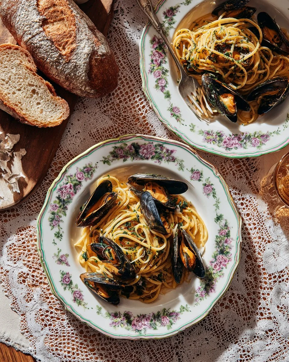 Pâtes avec fondue d'oignon et moules dans un plat savoureux
