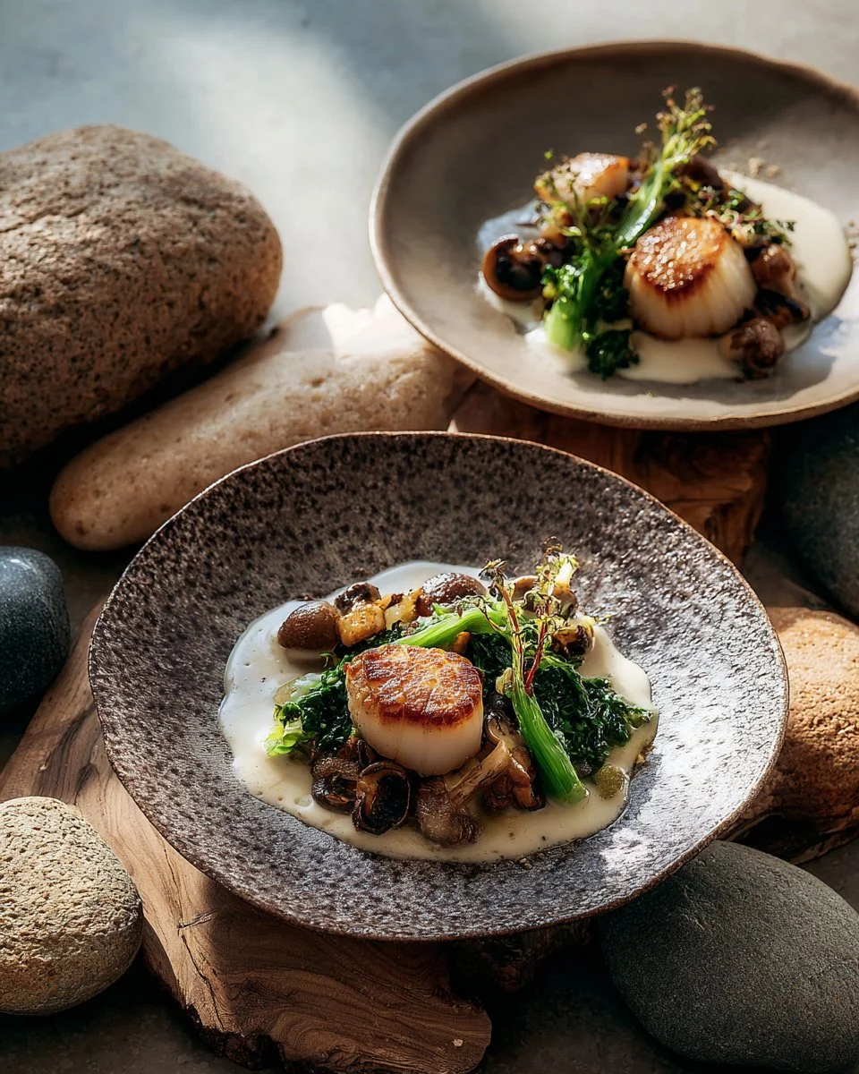 Pétoncles, lentilles et champignons avec sauce crémeuse au miso