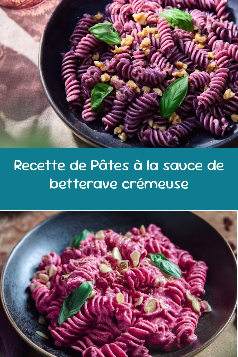 Pâtes servies avec une sauce betterave crémeuse, garnies de fromage frais.