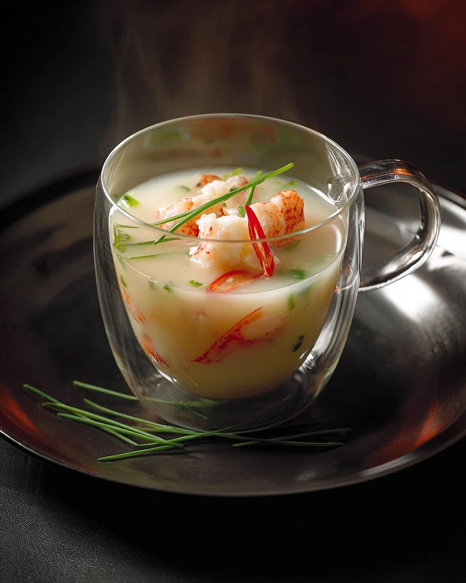 Soupe de homard au chocolat blanc, un mélange unique de saveurs maritimes et sucrées.