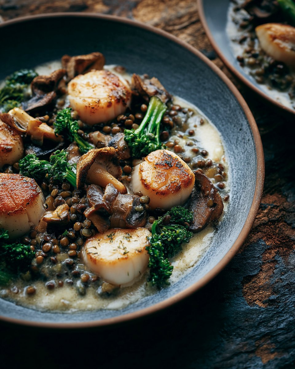 Pétoncles, lentilles, champignons et sauce crémeuse au miso | RICARDO