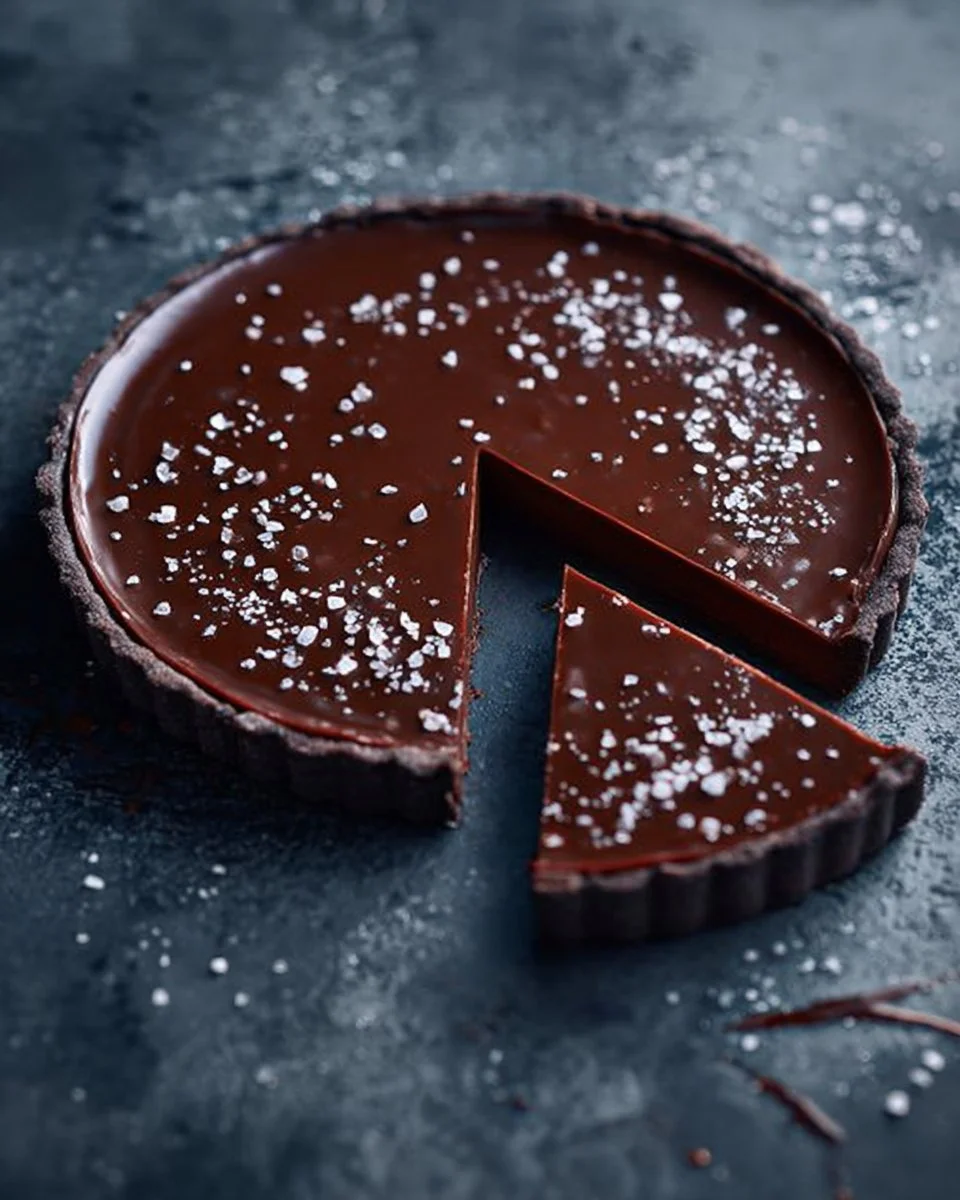 Tarte au chocolat noir et caramel salé, un dessert gourmand et savoureux.